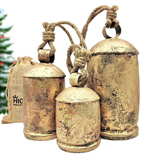 HIGHBIX Set of 3 Giant Harmony Cow Bells Huge Vintage Shabby Chic Handmade Rustic Lucky Christmas Hanging XL Bells On Rope Country Rustic (Extra Large) - Image 1