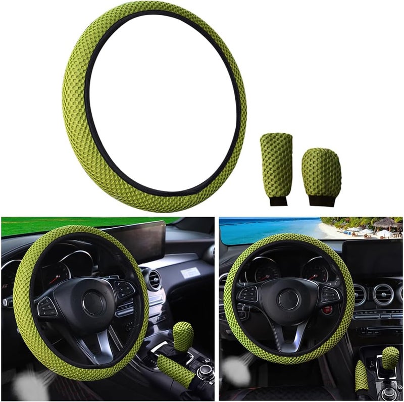 Bittwee 3PCS 15Inch Car Steering Wheel Cover Armrest Cover Gear Shift Cover Set, Microfiber Breathable Anti-Slip Automotive Steering Wheel Protector, Vehicle Interior Decor, Universal Fit（Light Green） Practical experience crafted - Image 1
