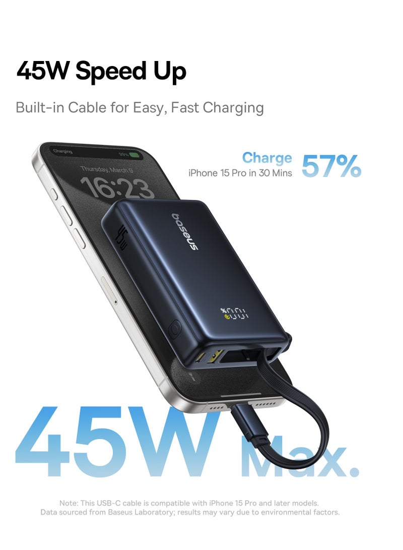 بيسوس بنك طاقة فائق الصغر للشحن السريع مع كابل USB-C مدمج بقوة 45 واط، ومنفذ طاقة USB-C بقوة 45 واط، ومنفذ USB-A QC 3.0 بقوة 22.5 واط لهاتف iPhone 16/15/14/12، Samsung S24/S23/S22، iPad Air/Pro، Microsoft Surface، MacBook Pro/Air 13”، Lenovo ThinkPad T14، Dell XPS 13 والمزيد- - Image 3