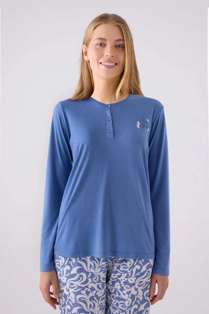 ارنيتا Women's Blue Button-down Collar Long Sleeve Pocket Pajama Set, Plus Size Pajamas