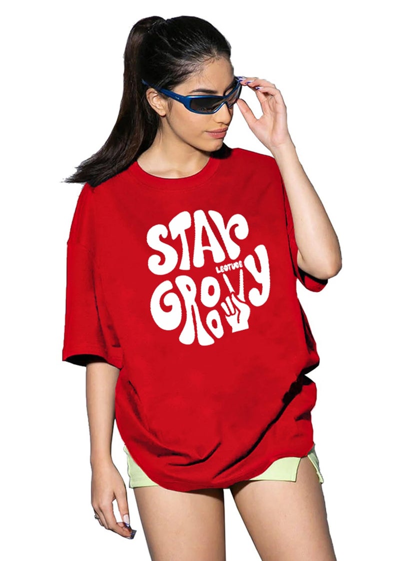 LEOTUDE Oversized Round Neck Women's T-Shirts (GRL_FS49_Gry_CRSH_P_Red Black_2XL) - Image 2