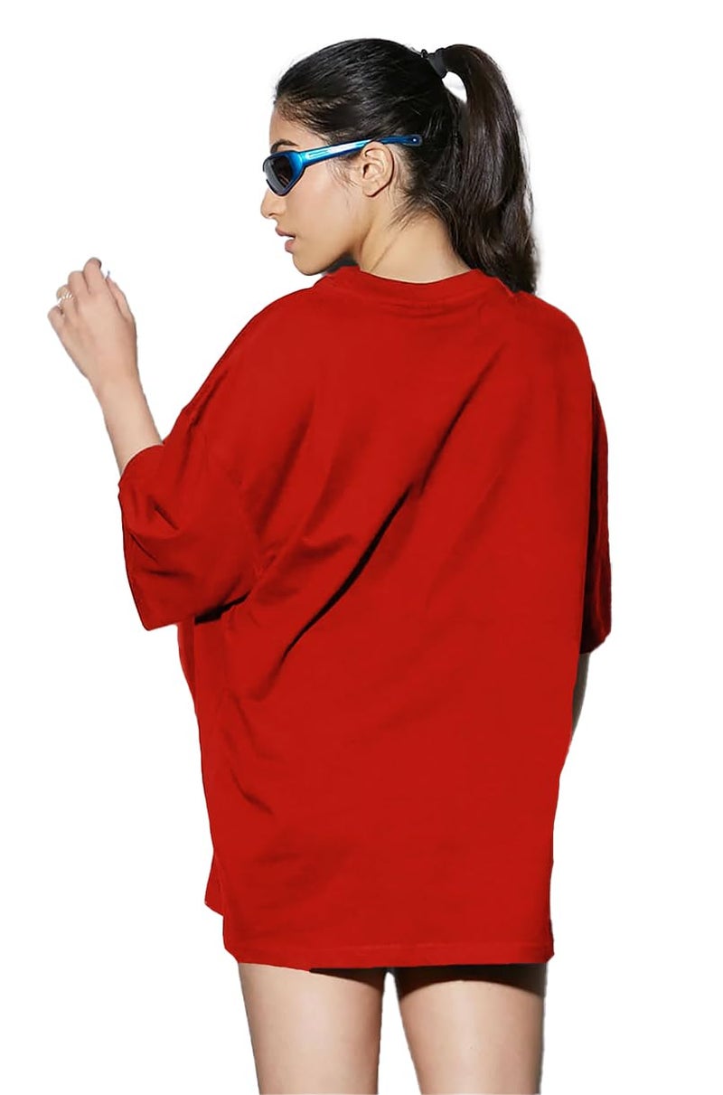 LEOTUDE Oversized Round Neck Women's T-Shirts (GRL_FS49_Gry_CRSH_P_Red Black_2XL) - Image 3