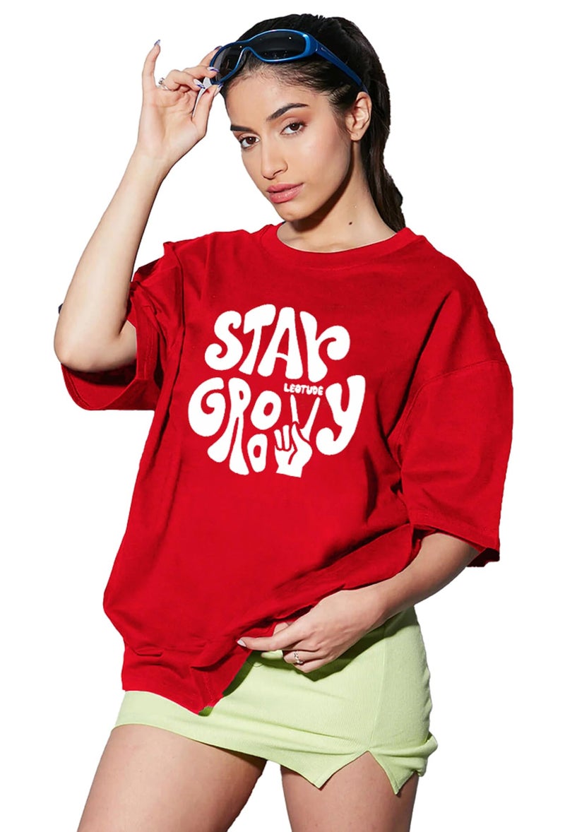 LEOTUDE Oversized Round Neck Women's T-Shirts (GRL_FS49_Gry_CRSH_P_Red Black_2XL) - Image 1