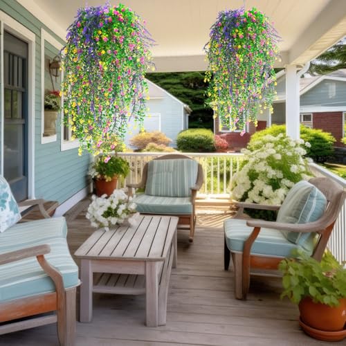 FineCheer 6 Pcs Spring Artificial Hanging Flowers Outdoor Faux Silk Mum Plant Decor Violet with Eucalyptus Realistic UV Resistant Trailing Vine Spring Porch Yard(Light Color,Eucalyptus) - Image 4