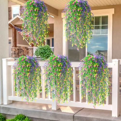 FineCheer 6 Pcs Spring Artificial Hanging Flowers Outdoor Faux Silk Mum Plant Decor Violet with Eucalyptus Realistic UV Resistant Trailing Vine Spring Porch Yard(Light Color,Eucalyptus) - Image 5