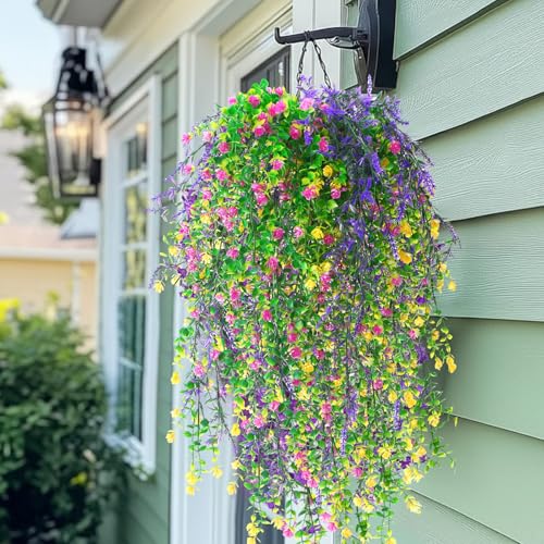 FineCheer 6 Pcs Spring Artificial Hanging Flowers Outdoor Faux Silk Mum Plant Decor Violet with Eucalyptus Realistic UV Resistant Trailing Vine Spring Porch Yard(Light Color,Eucalyptus) - Image 3