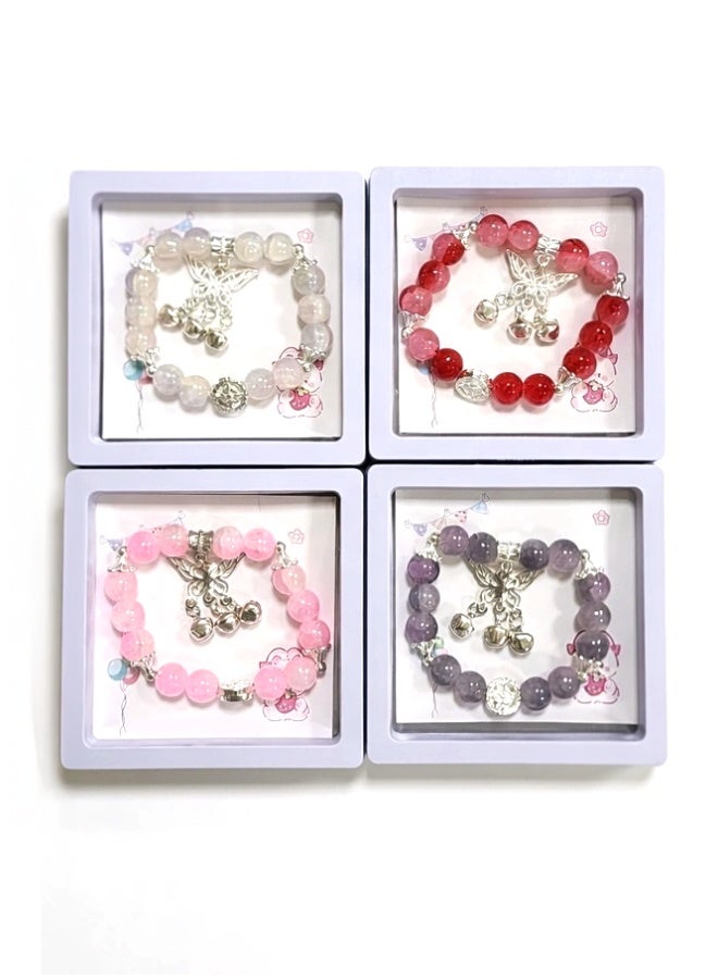 Crazy Boss 4-Piece Butterfly & Bell Charm Bead Bracelet Set – Cute Aesthetic Jewelry for Girls & Teens – Pastel Stackable Bracelets in 3D Floating Gift Boxes (Pink, Red, Purple, White) - Image 1