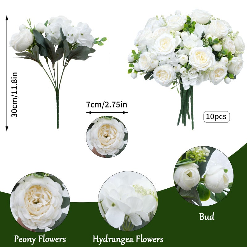 MHMJON 10 Bundles Artificial Peonies, Milky White Hydrangea Artificial Flowers Silk Flowers for Indoor Home Decor Bedroom Kitchen Office Wedding Table Centerpieces - Image 2