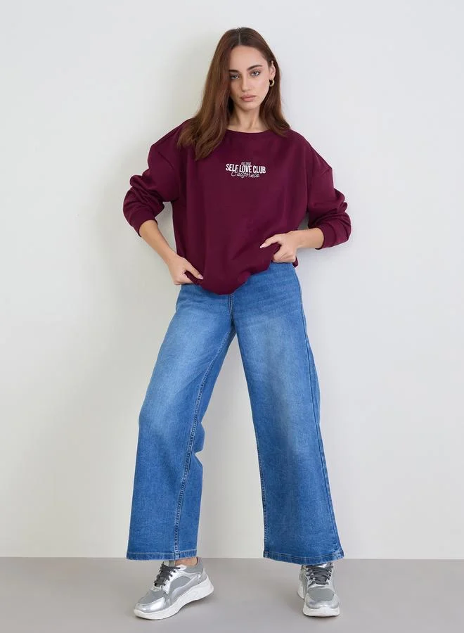 Styli Burgundy Oversized Embroidery Detail Sweatshirt
