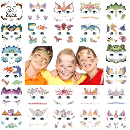 Partywind 24 Styles Face Temporary Tattoos for Kids, Dinosaur Fake Tattoo Stickers for Boys Girls Party Supplies Favors, Face Tattoos for Birthday Games, Kids Goodie Bag Stuffers - Image 1