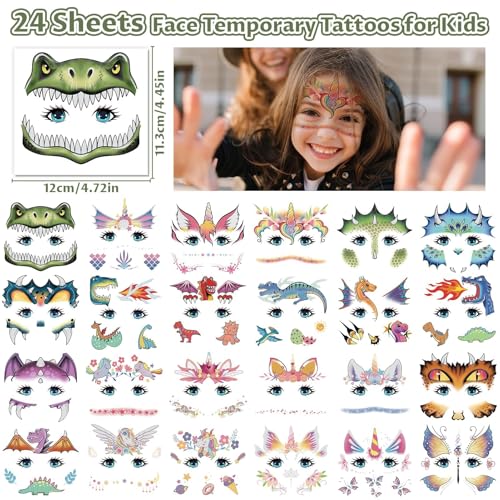 Partywind 24 Styles Face Temporary Tattoos for Kids, Dinosaur Fake Tattoo Stickers for Boys Girls Party Supplies Favors, Face Tattoos for Birthday Games, Kids Goodie Bag Stuffers - Image 2