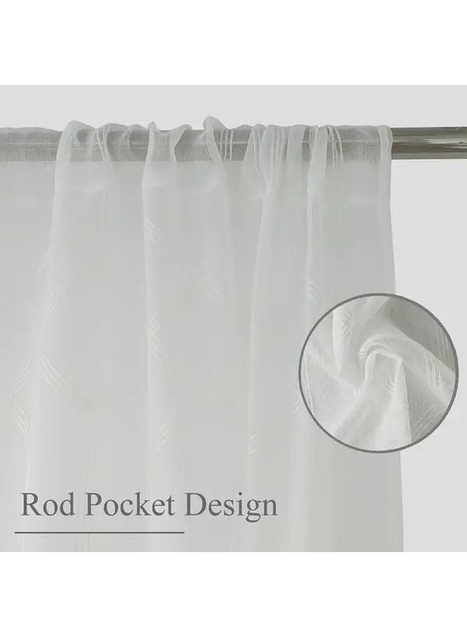 Set of 4 White Sheer Curtains 27 5x84 Inches Geometric Hexagon Embroidery Artificial Linen - Image 3