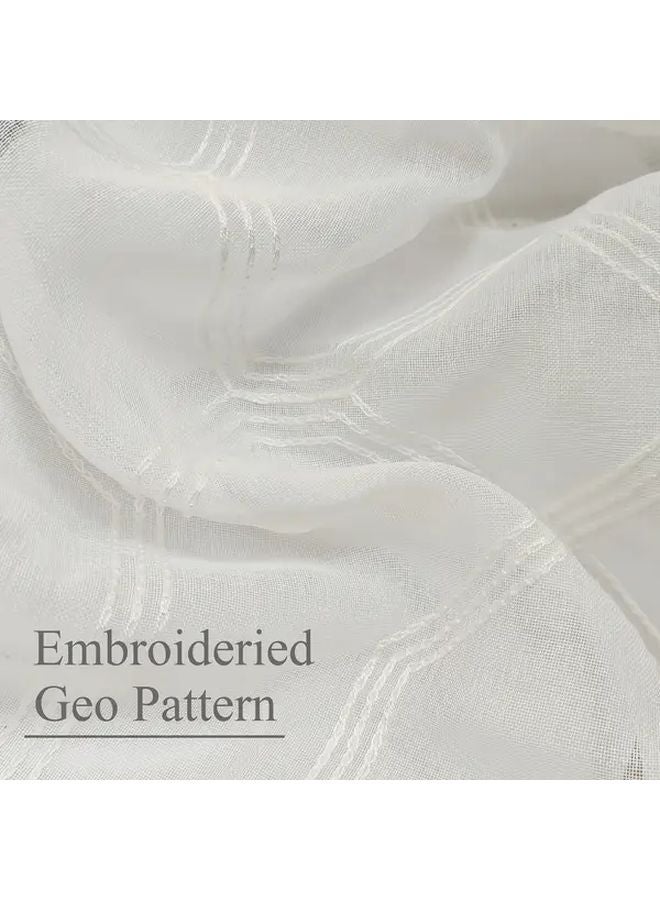 Set of 4 White Sheer Curtains 27 5x84 Inches Geometric Hexagon Embroidery Artificial Linen - Image 5