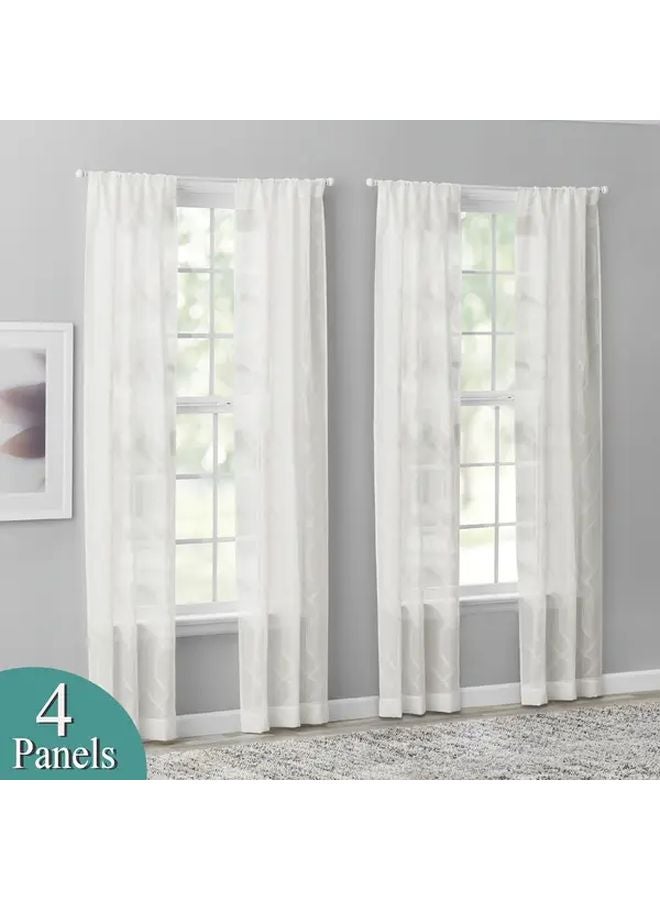 Set of 4 White Sheer Curtains 27 5x84 Inches Geometric Hexagon Embroidery Artificial Linen - Image 1