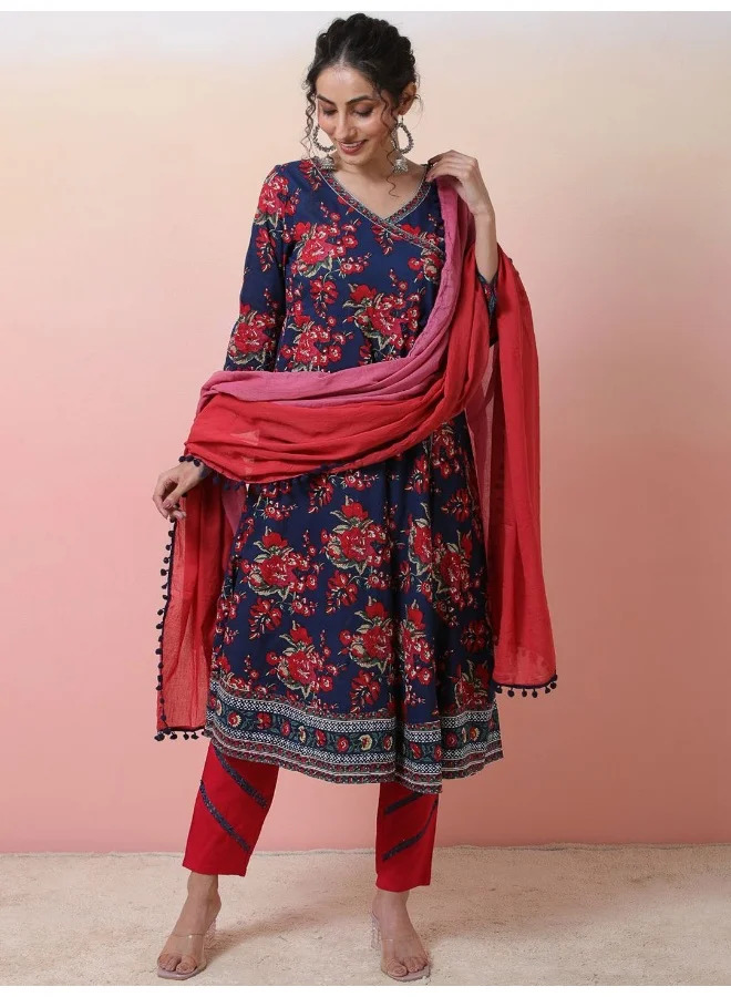 أيه كيه إس Floral Printed V-Neck Pure Cotton Kurta & Trousers With Dupatta