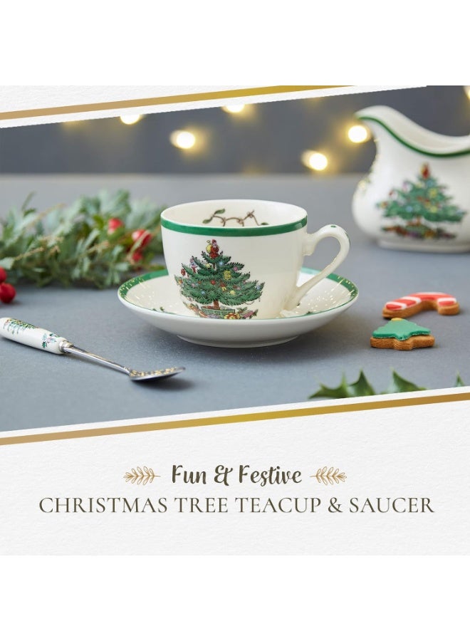 Spode Christmas Tree Teacup & Saucer Set - 7 Oz Earthenware Cup for Tea, Coffee, Cappuccino, Espresso - Holly & Mistletoe Holiday Accents - Holiday Collection Design for Gifting - Image 4