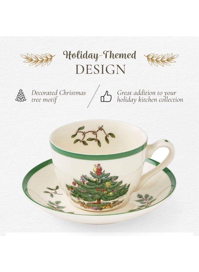Spode Christmas Tree Teacup & Saucer Set - 7 Oz Earthenware Cup for Tea, Coffee, Cappuccino, Espresso - Holly & Mistletoe Holiday Accents - Holiday Collection Design for Gifting - Image 2