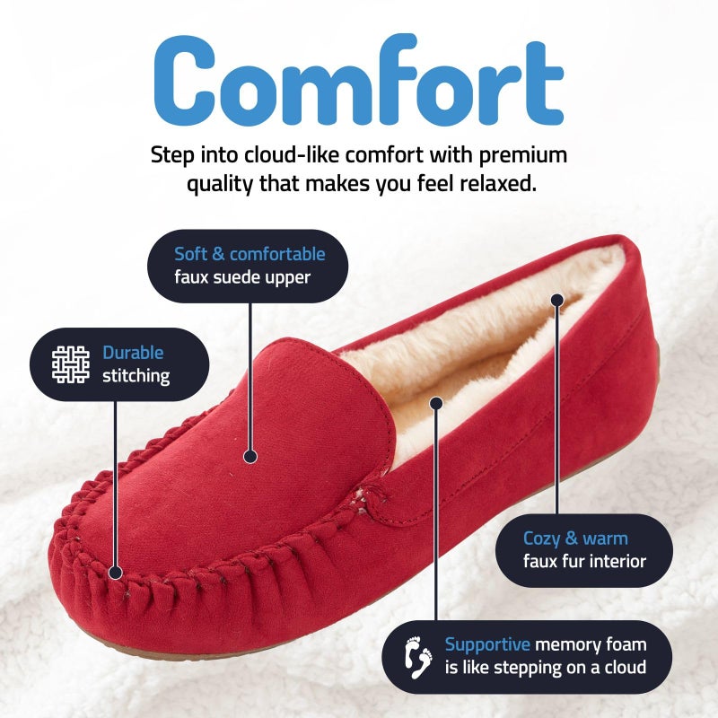 Floopi Women Slippers Moccasins, Soft Faux Fur Lining with Cozy Memory Foam, Ladies House Slippers for Women with Indoor & Outdoor Anti-Skid Sole(6, Red-323) - Image 2