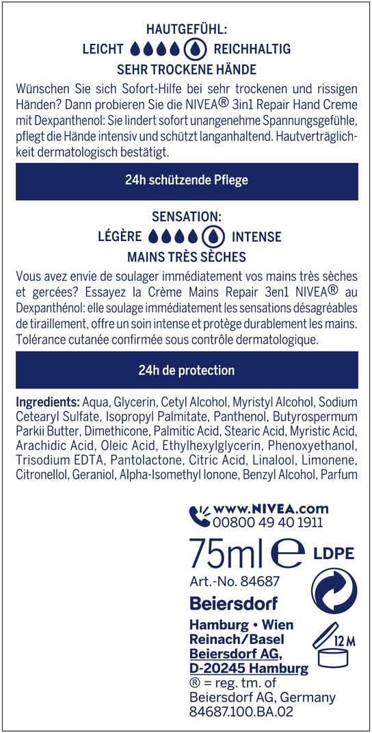 Nivea كريم اليدين NIVEA 3 في 1 75 مل كريم غني للبشرة مع ديكسابانثينول للعناية المكثفة لليدين الجافة والمتشققة - Image 2
