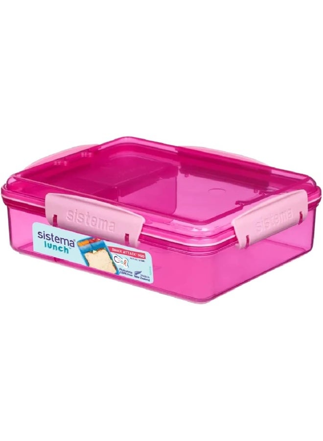 Sistema Snack Attack Duo 975ml Pink Lunch Box with Dual Compartments, Easy Lock Clips, BPA Free Food Storage Container for Snacks, Sandwiches & Meal Prep, Reusable Lunch Box Made in New Zealand - Image 1