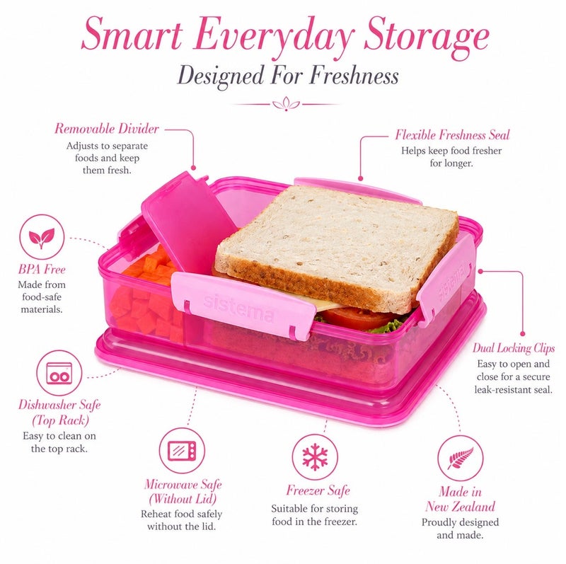 Sistema Snack Attack Duo 975ml Pink Lunch Box with Dual Compartments, Easy Lock Clips, BPA Free Food Storage Container for Snacks, Sandwiches & Meal Prep, Reusable Lunch Box Made in New Zealand - Image 5