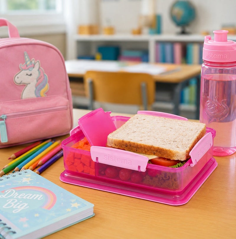 Sistema Snack Attack Duo 975ml Pink Lunch Box with Dual Compartments, Easy Lock Clips, BPA Free Food Storage Container for Snacks, Sandwiches & Meal Prep, Reusable Lunch Box Made in New Zealand - Image 4