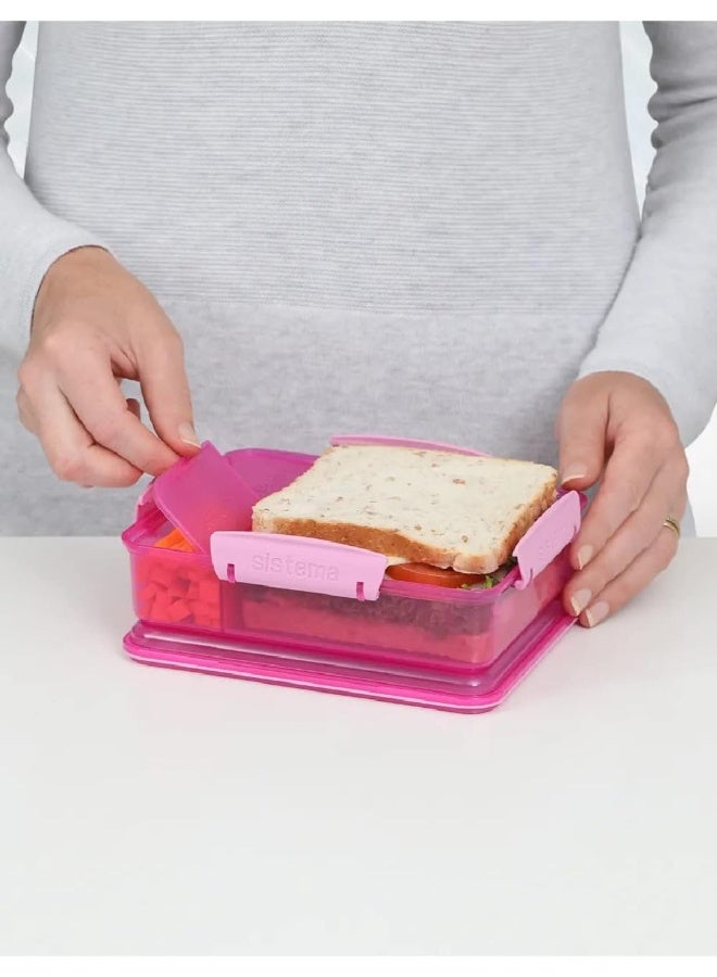 Sistema Snack Attack Duo 975ml Pink Lunch Box with Dual Compartments, Easy Lock Clips, BPA Free Food Storage Container for Snacks, Sandwiches & Meal Prep, Reusable Lunch Box Made in New Zealand - Image 2