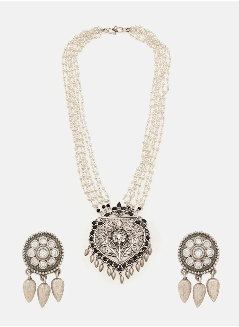 Priyaasi Plated Oxidized Artificial Stones and Beads Necklace  Earrings