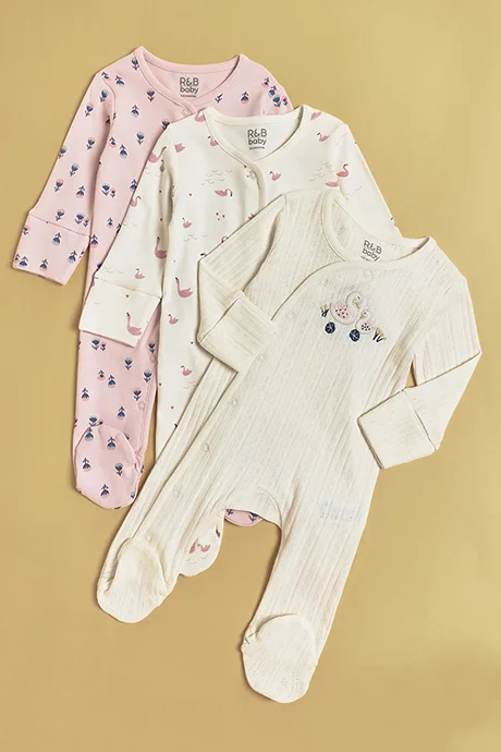 أر أند بي 3 Pack Embroidered Footed Sleepsuits with Long Sleeves