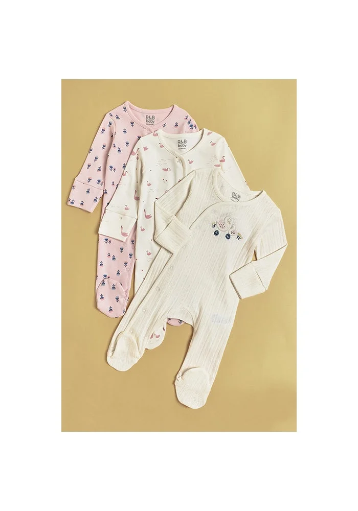 أر أند بي 3 Pack Embroidered Footed Sleepsuits with Long Sleeves