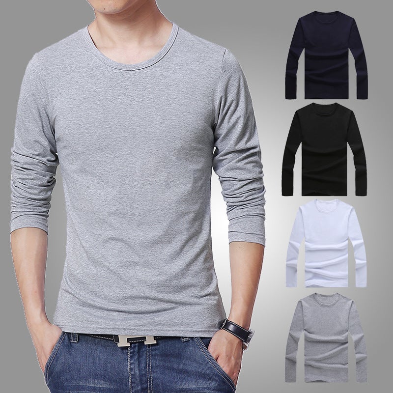 Autumn Long-Sleeved T-Shirt Mens Thin Pullover Korean Style Slim Round Neck Casual Long T-Shirt Mens Pure Color Half-Sleeved Bottoming Shirt Light gray - Image 5