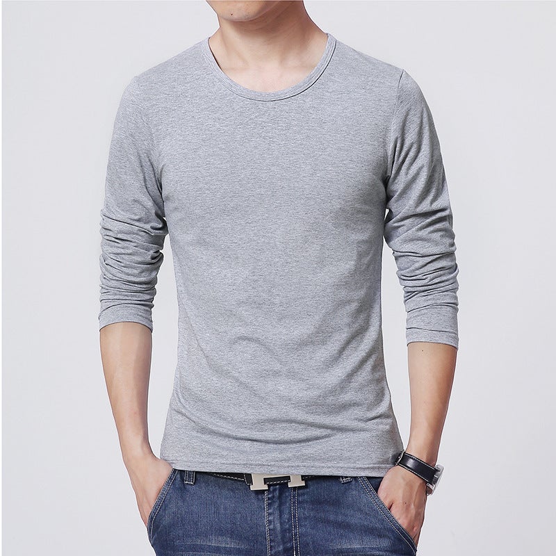 Autumn Long-Sleeved T-Shirt Mens Thin Pullover Korean Style Slim Round Neck Casual Long T-Shirt Mens Pure Color Half-Sleeved Bottoming Shirt Light gray - Image 1