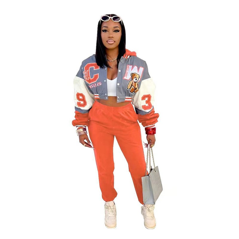 JJ6096 Casual Chic Baseball Jacket and Hat Set Orange Red - Image 1