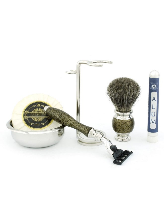 Haryali London - 6 Pc Mens Shaving Kit 3 Edge Razor With Black Badger Hair Shaving Brush Stand Soap Bowl And Alum Pencil Perfect Set For Men - Image 1