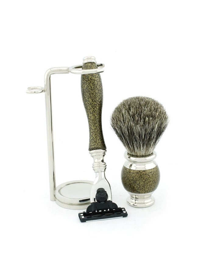 Haryali London - 6 Pc Mens Shaving Kit 3 Edge Razor With Black Badger Hair Shaving Brush Stand Soap Bowl And Alum Pencil Perfect Set For Men - Image 1