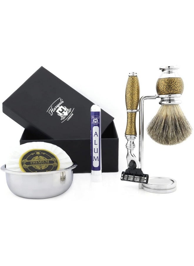 Haryali London - 6 Pc Mens Shaving Kit 3 Edge Razor With Black Badger Hair Shaving Brush Stand Soap Bowl And Alum Pencil Perfect Set For Men - Image 1