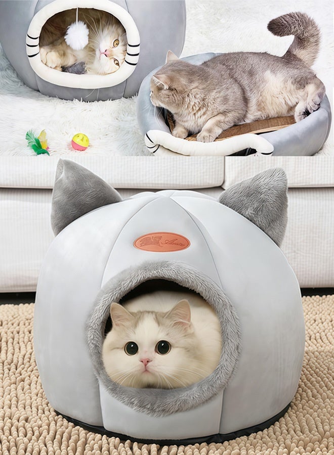 شو وو سرير دافئ للقطط، ناعم ومريح، عش للحيوانات الأليفة، خيمة نوم داخلية شبه مغلقة للقطط والكلاب، كهف، سرير كهف للقطط، عش للحيوانات الأليفة، منزل للقطط داخلي، سرير كبير للقطط، منزل كهف، سرير للحيوانات الأليفة 2 في 1، خيمة للقطط مع وسادة قابلة للإزالة والغسل، مع سرير دافئ وناعم ومريح للنوم للقطط والكلاب، عش، كهف نوم للقطط - Image 1