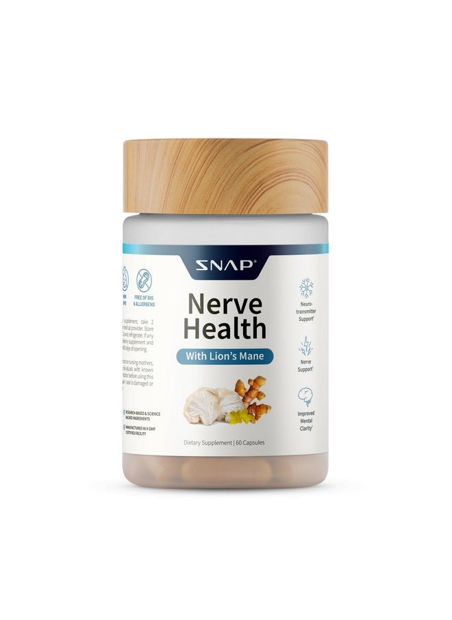 SNAP SUPPLEMENTS Nerve Health Support Supplement with Lions Mane - Improved Mental Clarity, Memory & Focus - Healthy Nerve Support Formula - Neuro Enhancer - Organic Turmeric + Other Herbs & Vitamins (60 Capsules)  - Image 1