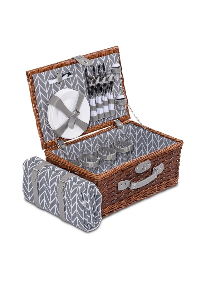 AL SANIDI حقيبة نزهة من الخوص، حقيبة شاي وقهوة، رمادي، مجموعة 24 قطعة - Image 1