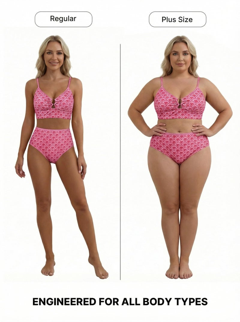 Herseas Women's Tummy Control Bikini Sets Floral Print Cutout Popular Swimsuits 2 Piece V Neck Teen Girls O Ring High Waisted Bathing Suits Stretchy Sexy Holiday Outfits Swimwear Medium - Image 5