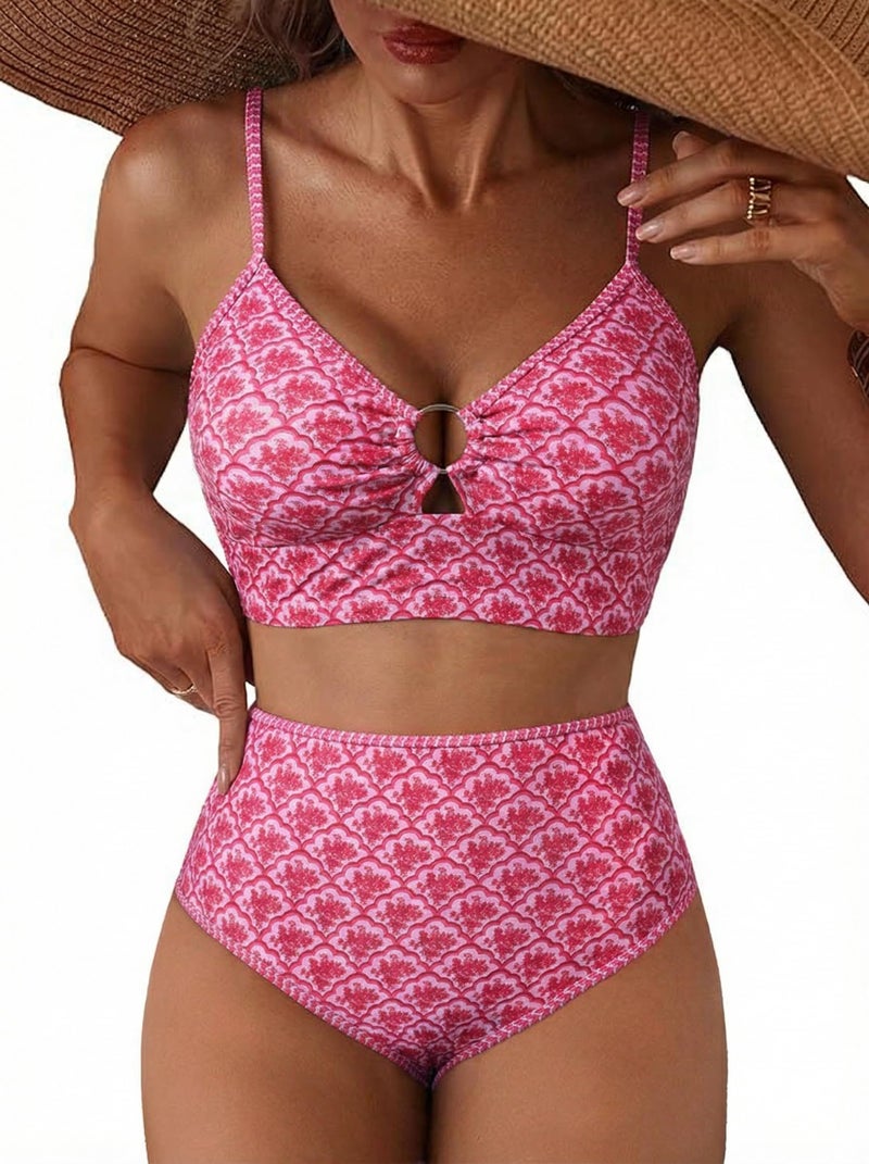 Herseas Women's Tummy Control Bikini Sets Floral Print Cutout Popular Swimsuits 2 Piece V Neck Teen Girls O Ring High Waisted Bathing Suits Stretchy Sexy Holiday Outfits Swimwear Medium - Image 1