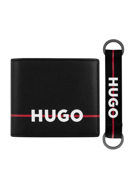 Hugo Boss Signature Stripe Leather Wallet & Iconic Logo Key Fob Set - Black/Red Accent