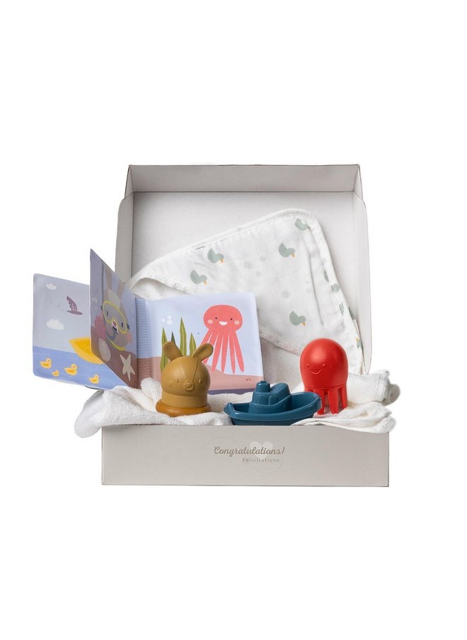 Taf Toys Taf Toys Bath Time Kit for Babies - Including Bath Book, Cotton Hooded Towel, Squeaking Bath Toys, Boat Toy - with 5-Piece Newborn Essentials, Baby Boy Bath Gift Set Baptism Gifts  - Image 1