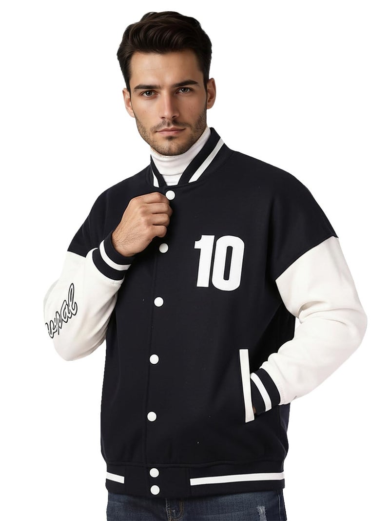 CHKOKKO Men’s Oversized Varsity Jacket with Snap Button Closure and Patch Design Trendy Comfortable Outerwear for College Travel and Casual Wear BlackWhite XXL - Image 1