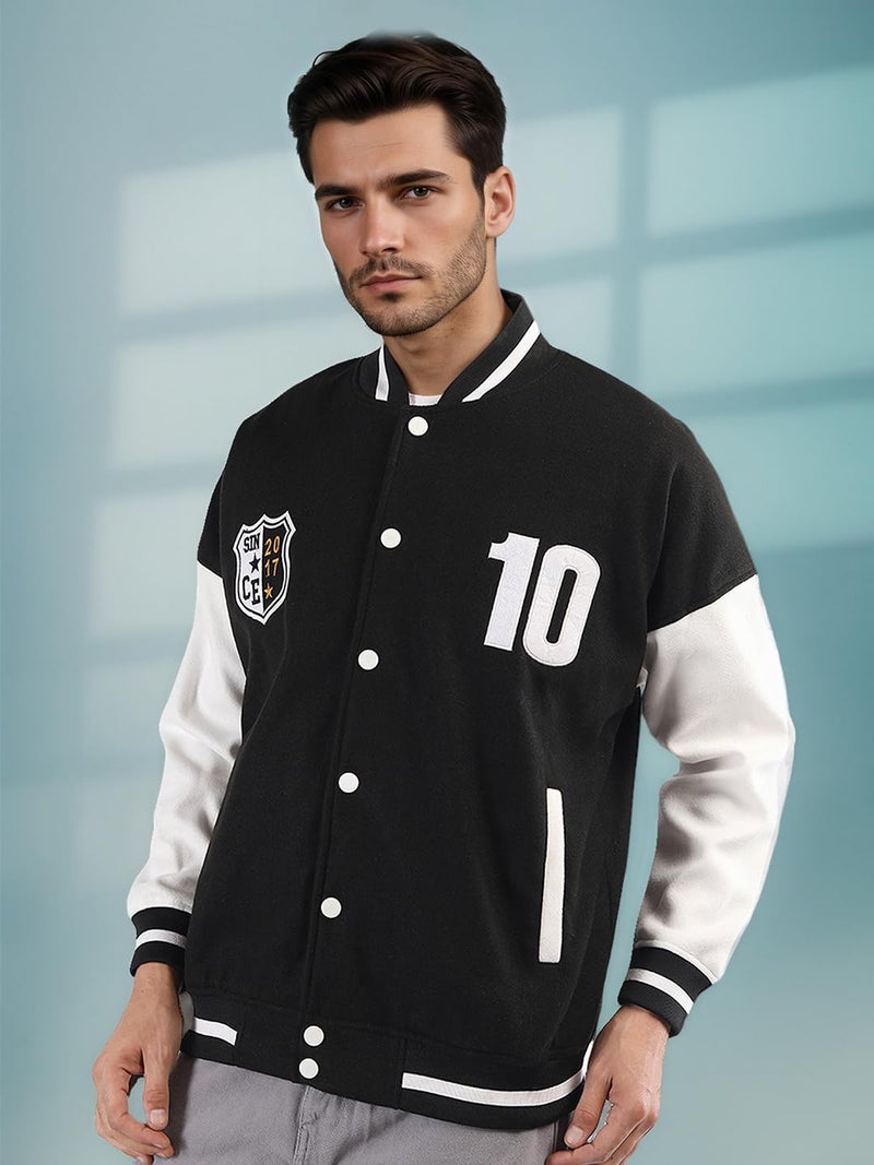 CHKOKKO Men’s Oversized Varsity Jacket with Snap Button Closure and Patch Design Trendy Comfortable Outerwear for College Travel and Casual Wear BlackWhite XXL - Image 2