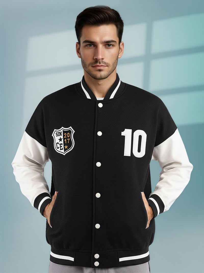 CHKOKKO Men’s Oversized Varsity Jacket with Snap Button Closure and Patch Design Trendy Comfortable Outerwear for College Travel and Casual Wear BlackWhite XXL - Image 5