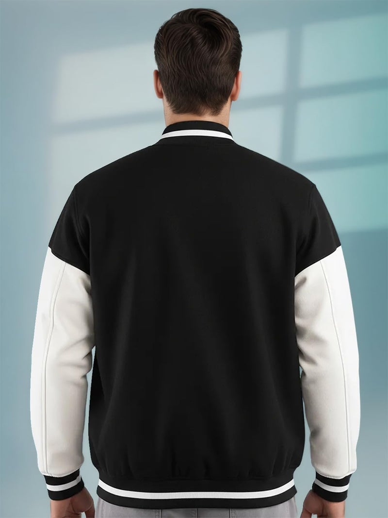 CHKOKKO Men’s Oversized Varsity Jacket with Snap Button Closure and Patch Design Trendy Comfortable Outerwear for College Travel and Casual Wear BlackWhite XXL - Image 3