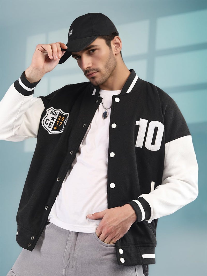 CHKOKKO Men’s Oversized Varsity Jacket with Snap Button Closure and Patch Design Trendy Comfortable Outerwear for College Travel and Casual Wear BlackWhite XXL - Image 4