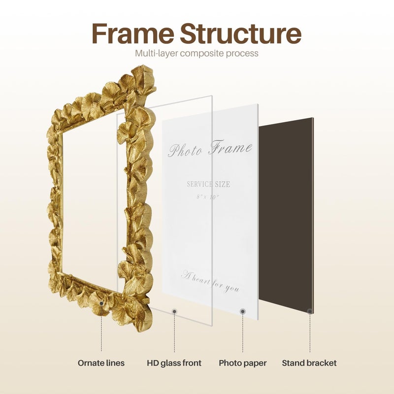 Cuspin 8x10 Picture Frame Gold Picture Frames, Vintage Ornate Frame Leaf Textured Hand-Crafted Resin with Glass Front, Antique Photo Frame for Wall Hanging and Tabletop Display, Retro Design Home Decor - Image 4
