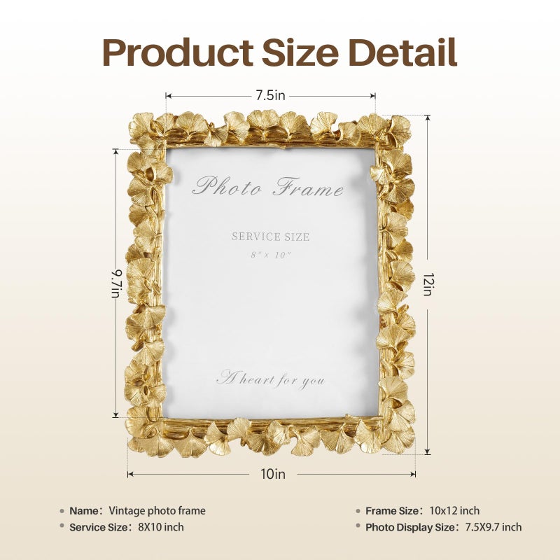 Cuspin 8x10 Picture Frame Gold Picture Frames, Vintage Ornate Frame Leaf Textured Hand-Crafted Resin with Glass Front, Antique Photo Frame for Wall Hanging and Tabletop Display, Retro Design Home Decor - Image 5